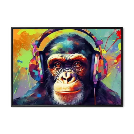 portrait of a party monkey ape with headphones on a colorful abs