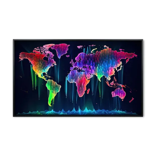 Abstract world map with colorful lights on dark background. Vect