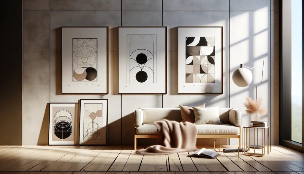 Store A2 rammer på en væg i en minimalistisk stue