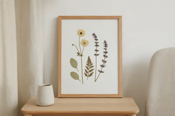 A4 ramme i egetræ med pressede blomster.