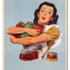 Woman holding jam jars, vintage illustration by Dick Williams. R
